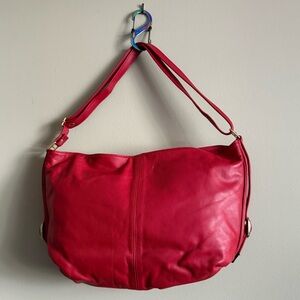 Vintage Red Leather Shoulder Bag / Crossbody Sling Made In Italy Crescent Shape